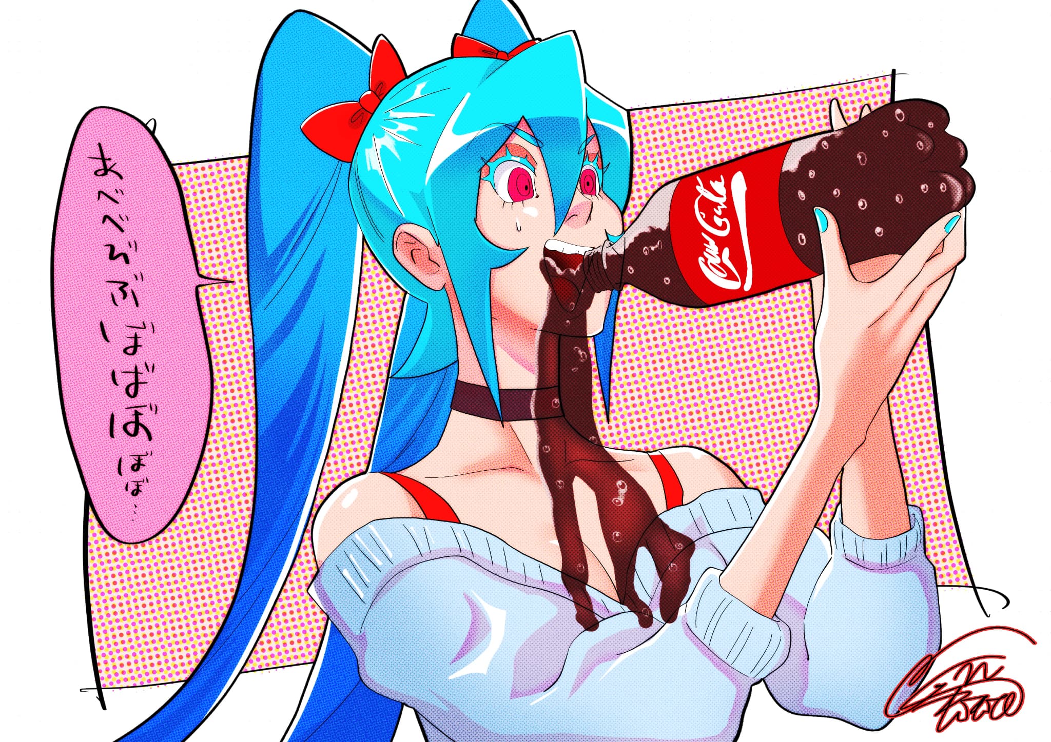 コーラをこぼしながら飲む初音ミクのイラスト